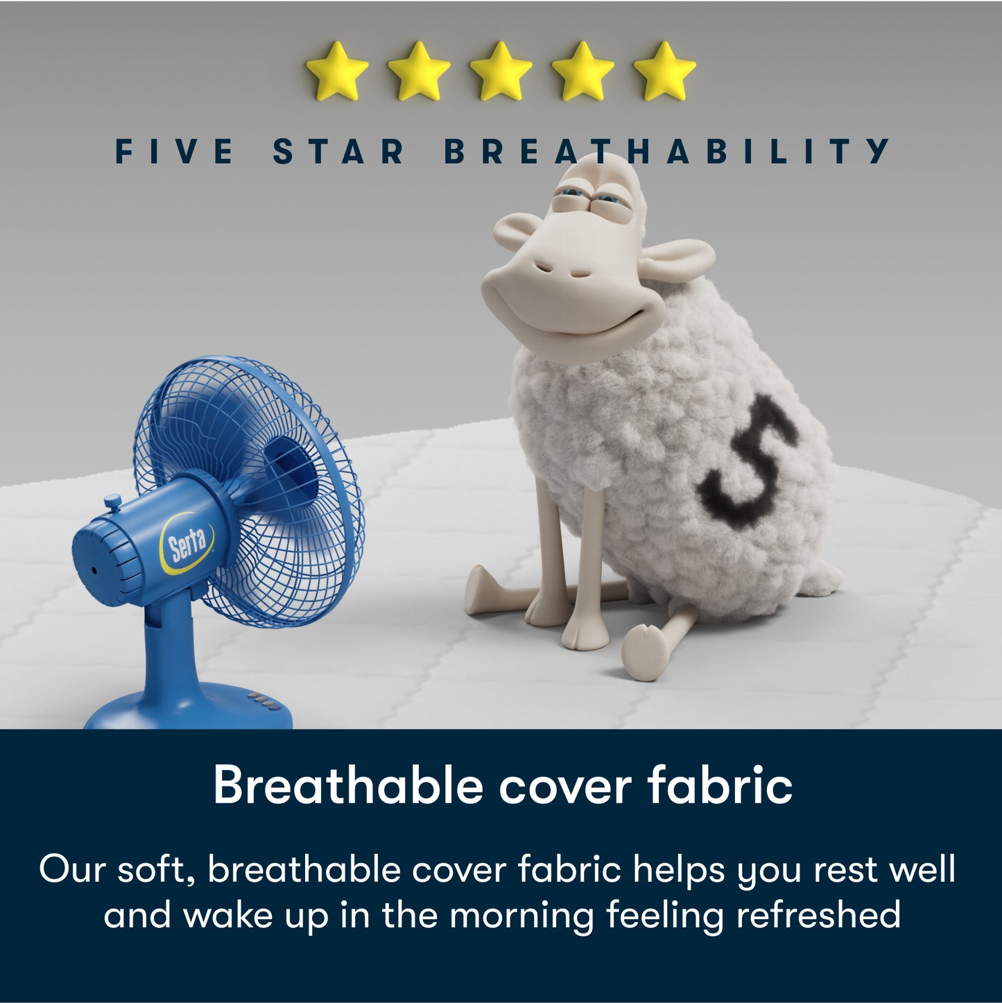 Diagram showing a Serta Sheep sitting in front of of a fan, sitting on a Serta mattress.