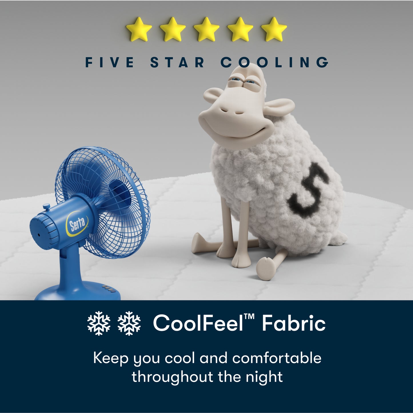 Blue fan and plush sheep with 'Five Star Cooling' and 'CoolFeel Fabric' text on a gray background