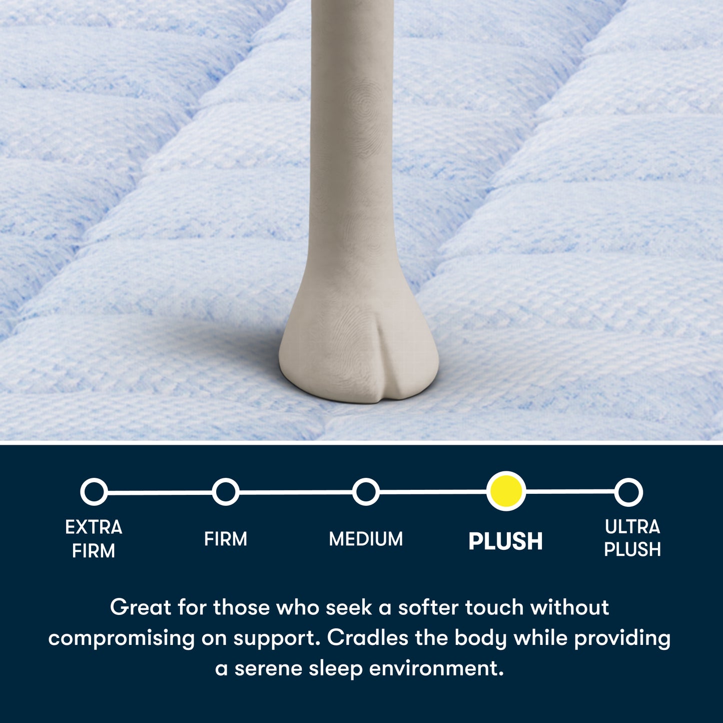 Close-up of a Serta Sheep's foot on a blue Serta 5 Star MIB mattress, featuring text stating great for those who seek a softer touch without compromising on support. Cradles the body while providing a serene sleep environment.