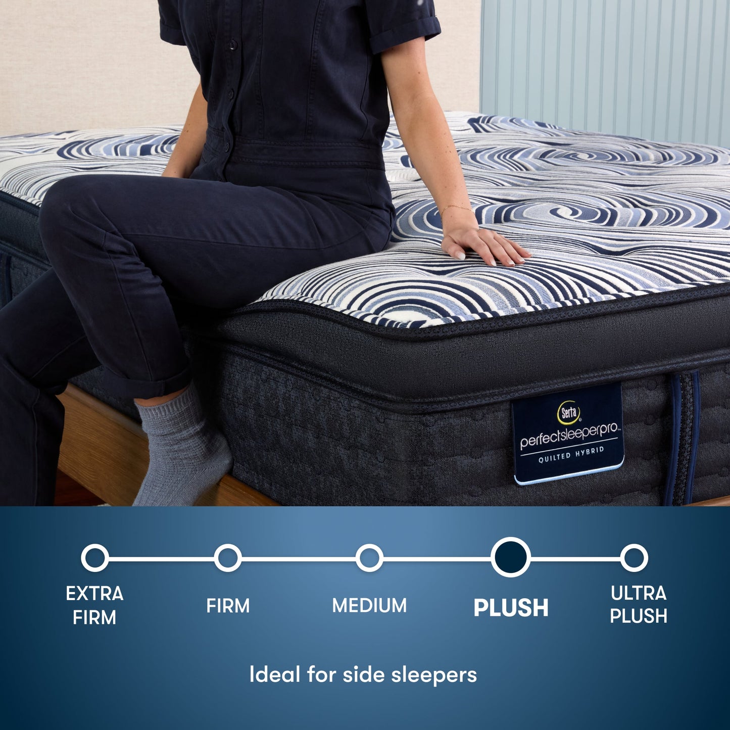 Perfect Sleeper Pro Edinburgh Plush Pillow Top Mattress comfort scale with a woman pictured sitting on left side of the bed || Level: Level 2 || Feel: Plush Pillow Top