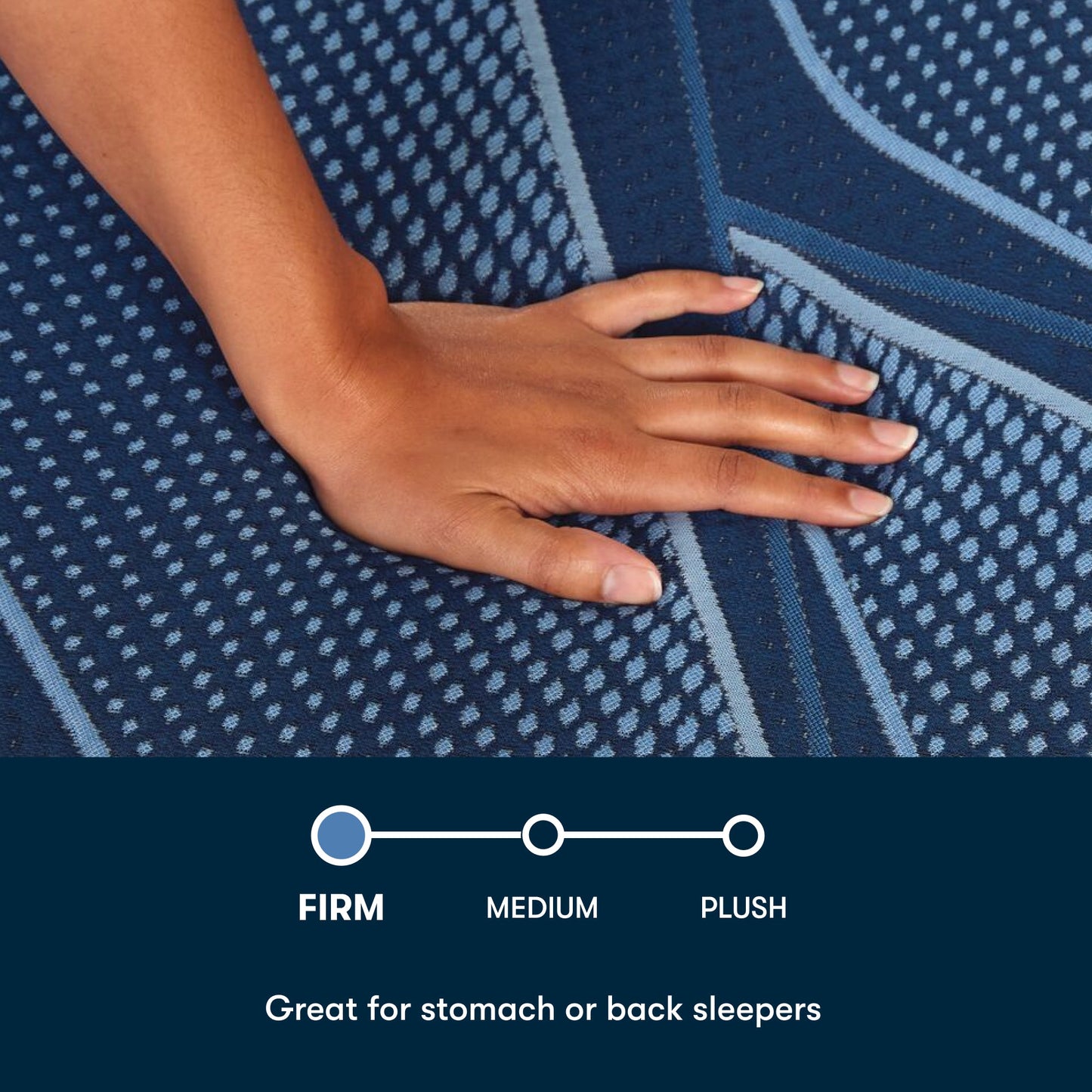 Womans hand pressing on a Serta iSeries firm blue mattress with a mini chart stating Firm, Medium, plush, with Firm selected and a statement great for stomach or back sleepers below it||feel: firm||level: enhanced