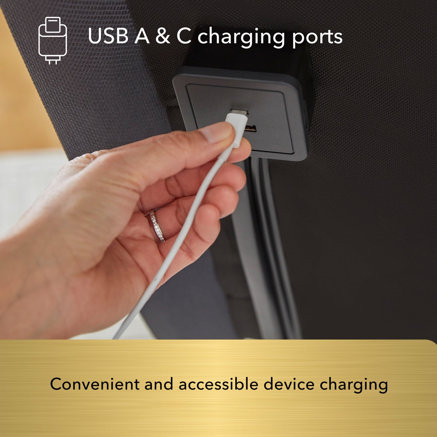 Baselogic Gold Adjustable Base showing the USB A & C charging ports