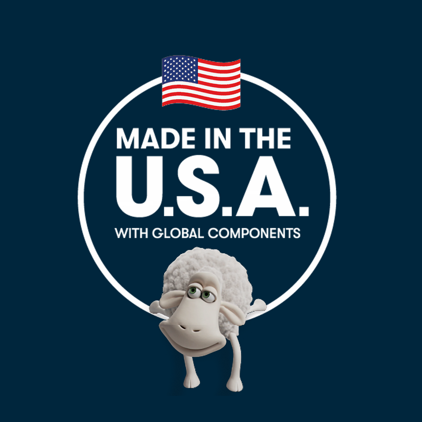 Logo with 'Made in the U.S.A. with Global Components' text and a cartoon sheep on a dark blue background.