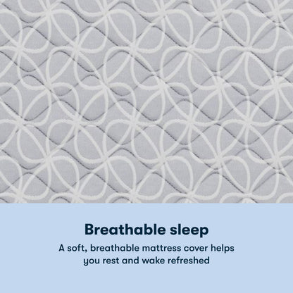 Text on a textured Serta Classic Clarks Hill Mattress cover with a pattern, promoting breathable sleep.