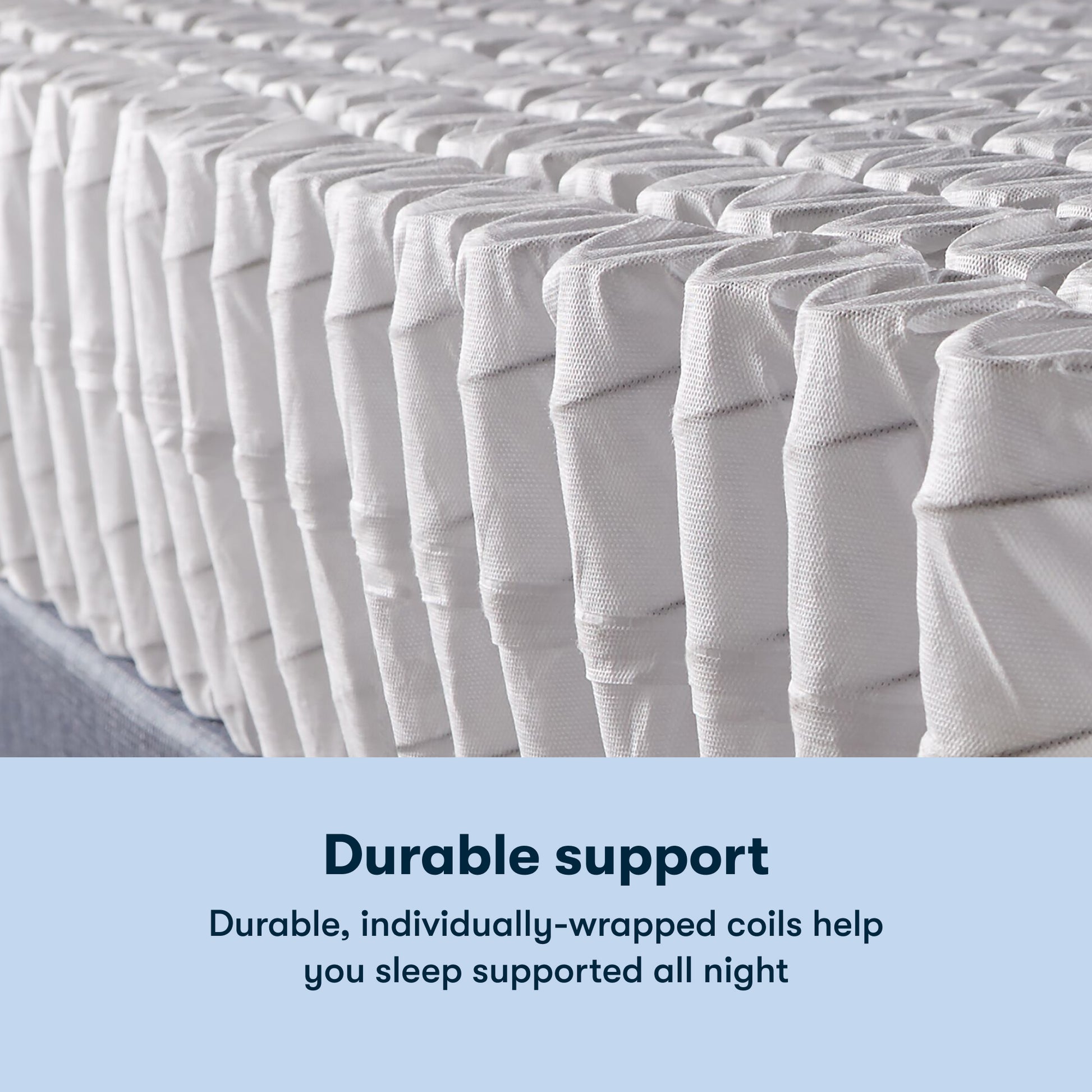 The inner coils a Serta Classic Clarks Hill mattress with a chart underneath the image stating durable, individually-wrapped coils help you sleep supported all night