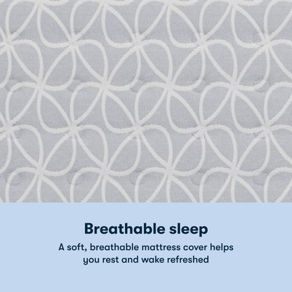 Serta Classic Clarks Hill Plush Pillow Top mattress with a chart underneath the image stating Breathable sleep. A soft, breathable mattress cover helps you rest and wake refreshed.