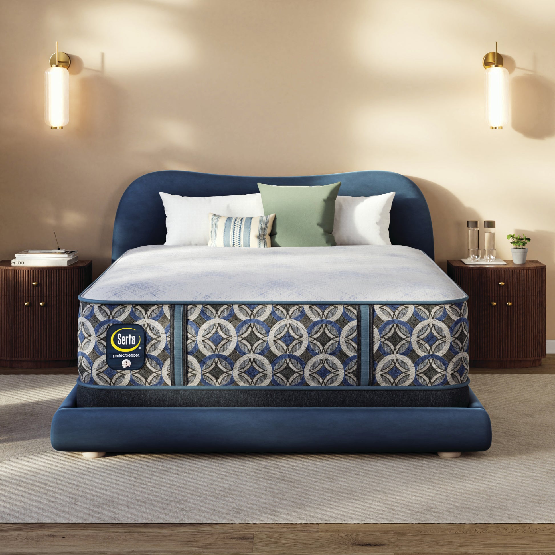 Blue upholstered bed with a Serta perfect sleeper hybrid medium  mattress in a bedroom setting
