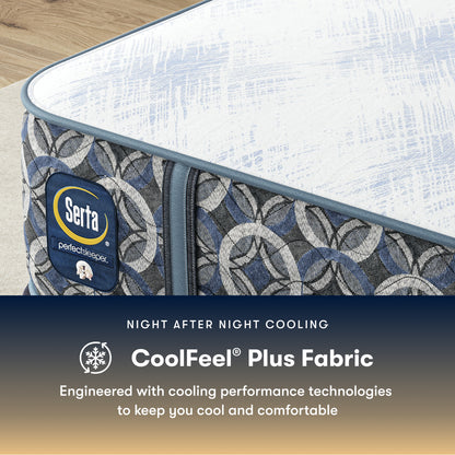 Serta perfect sleeper hybrid medium  mattress with CoolFeel Plus Fabric feature on a wooden floor.