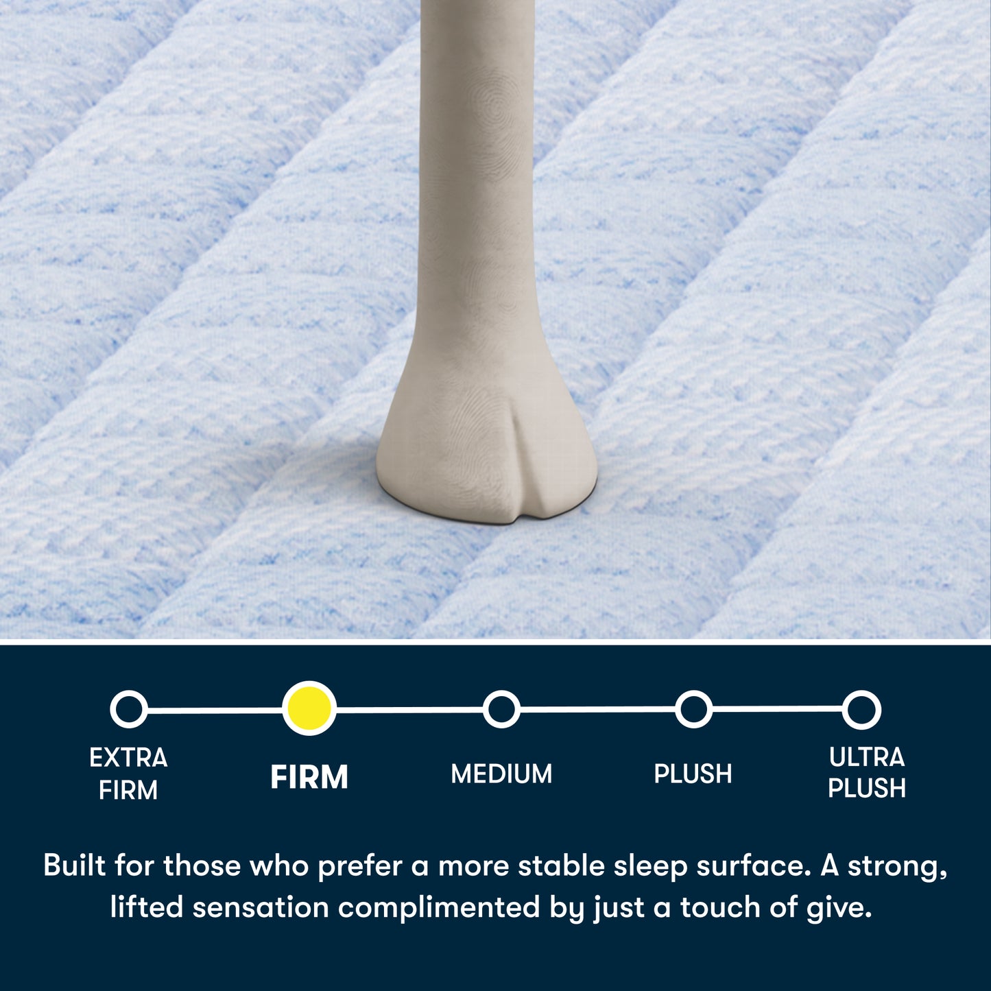 Close-up of a Serta Sheep's foot on a blue Serta 5 Star MIB mattress, featuring text stating built for those who prefer a more stable sleep surface. A strong, lifted sensation complimented by just a touch of give.