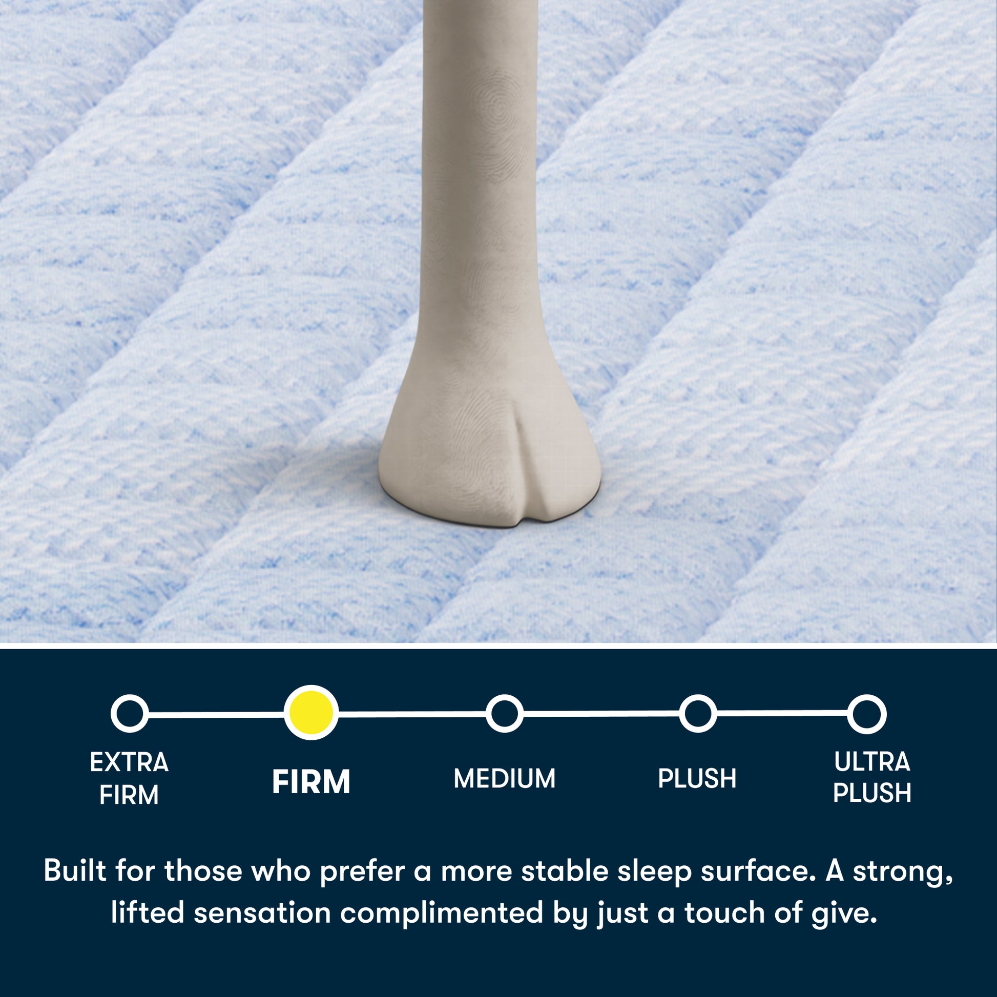 Close-up of a Serta Sheep's foot on a blue Serta 5 Star MIB mattress, featuring text stating built for those who prefer a more stable sleep surface. A strong, lifted sensation complimented by just a touch of give.
