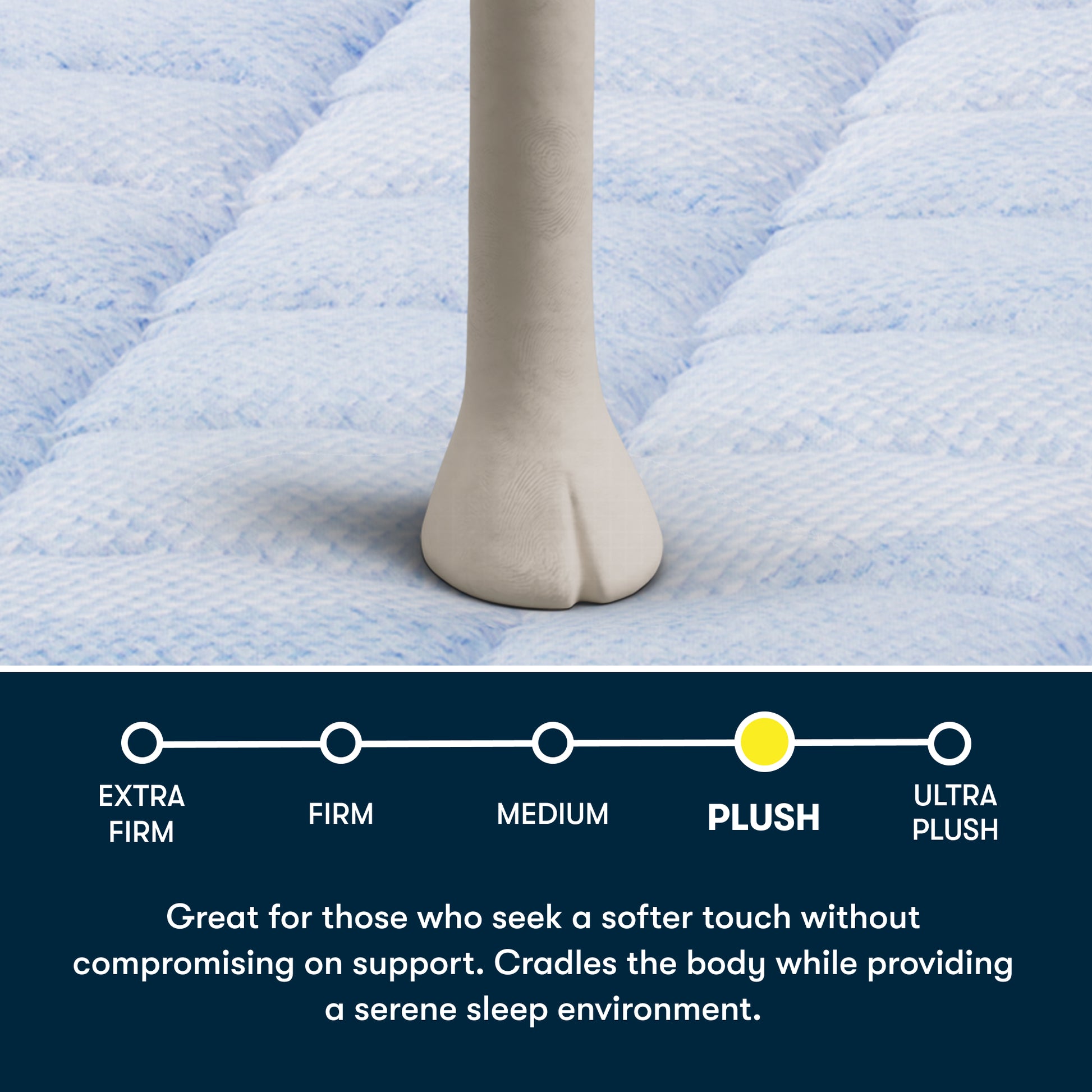 Close-up of a Serta Sheep's foot on a blue Serta 5 Star MIB mattress, featuring text stating great for those who seek a softer touch without compromising on support.  Cradles the body while providing a serene sleep environment.