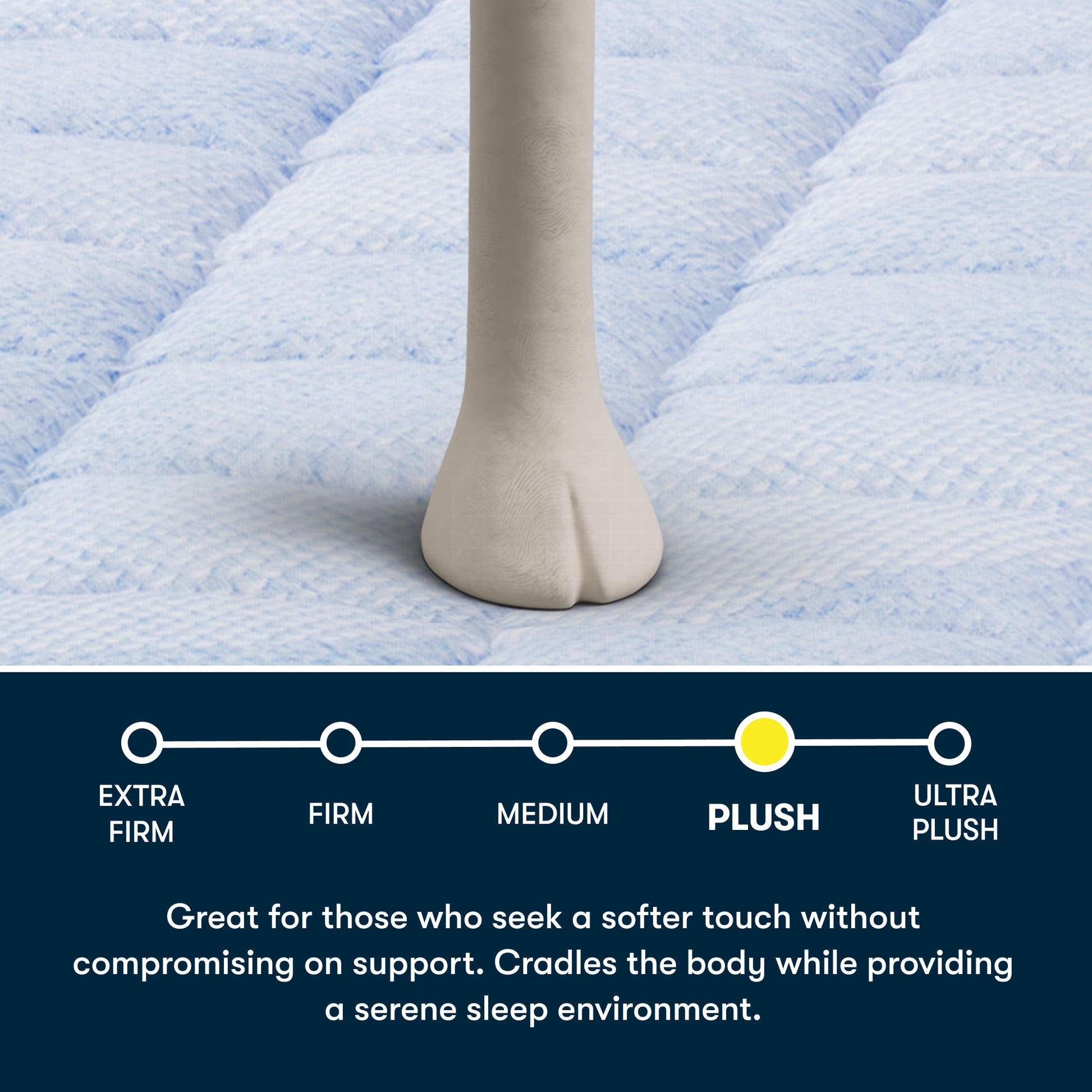 Close-up of a Serta Sheep's foot on a blue Serta 5 Star MIB mattress, featuring text stating great for those who seek a softer touch without compromising on support.  Cradles the body while providing a serene sleep environment.