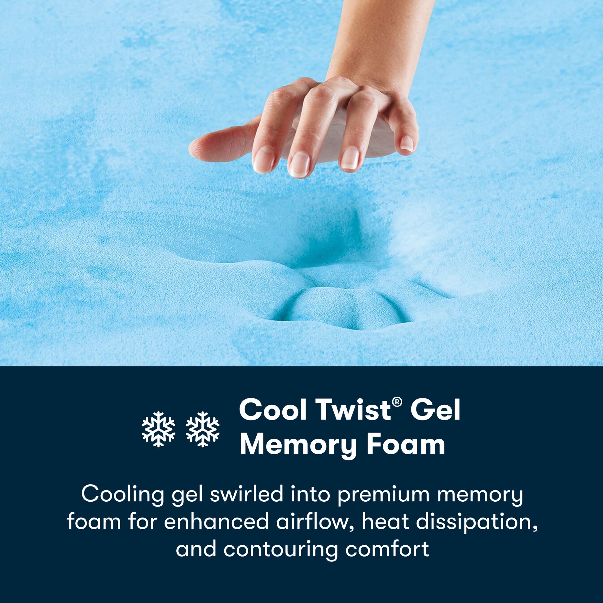 Hand pressing into blue memory foam with 'Cool Twist Gel Memory Foam' text and description.
