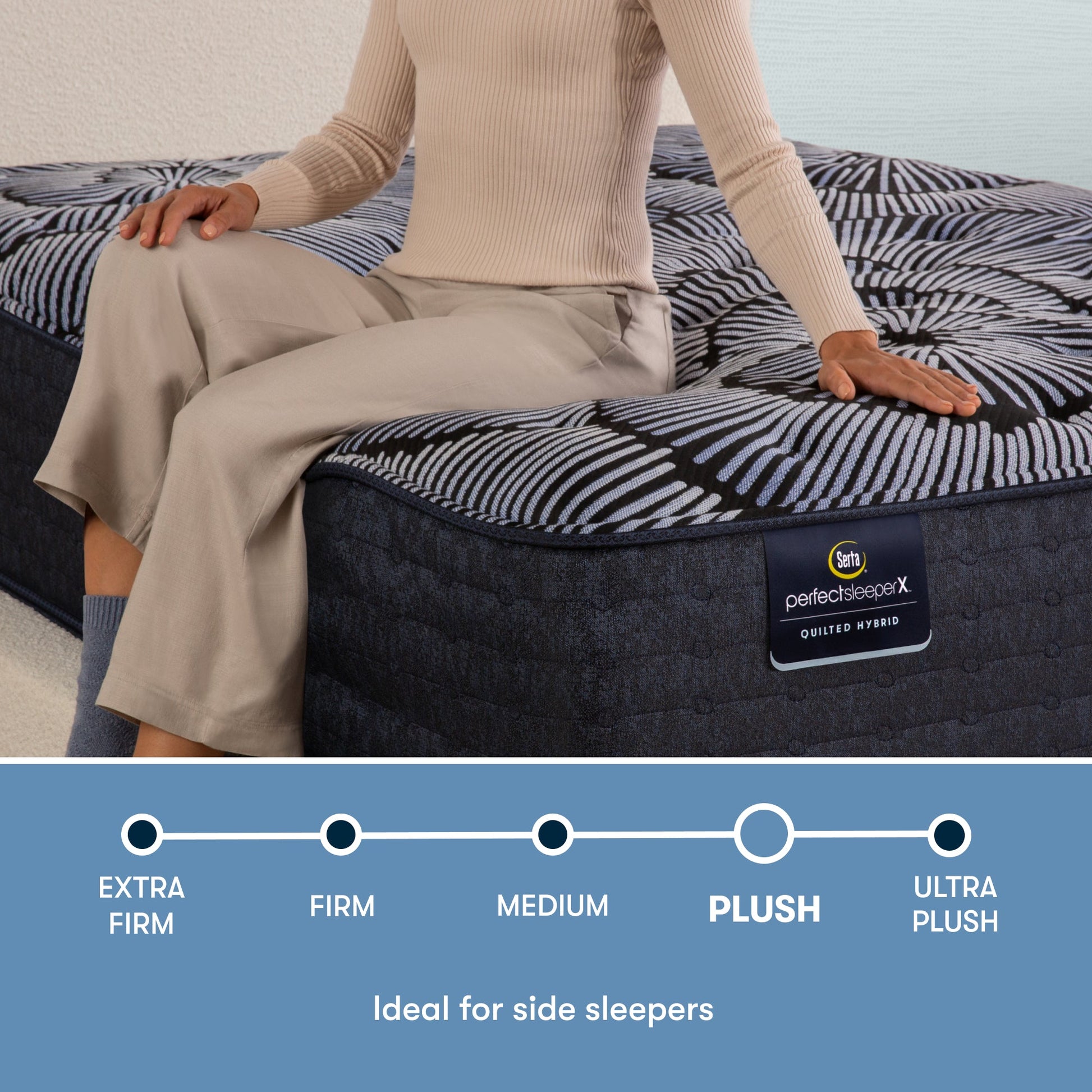 Perfect Sleeper X Quilted Hybrid Excelled Plush comfort scale with a woman sitting on the left side of the mattress || feel: Enhanced Plush || level: Level 1