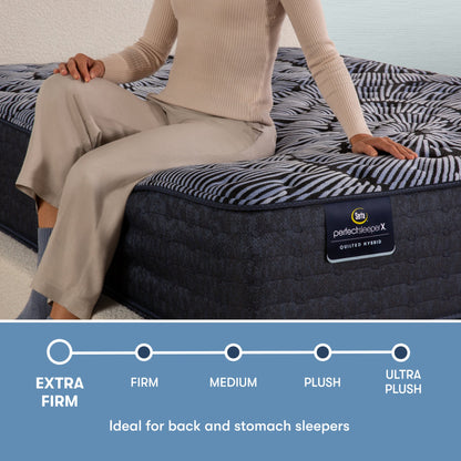 Perfect Sleeper X Quilted Hybrid Excelled Extra Firm comfort scale with a woman sitting on the left side of the mattress || feel: Extra Firm || level: Level 1