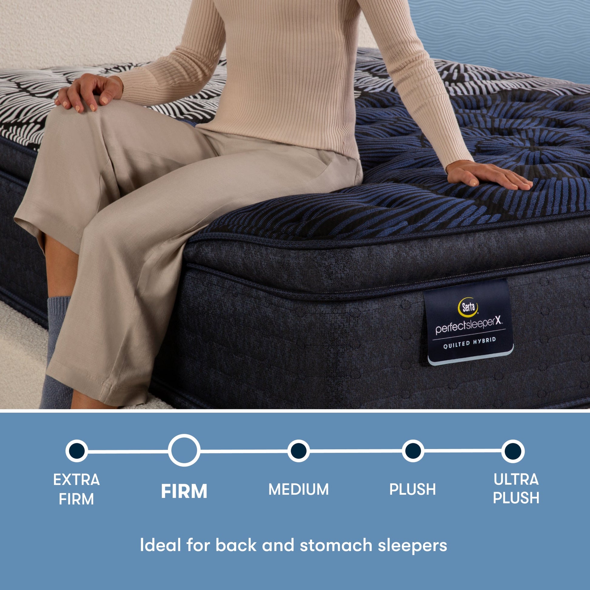 Perfect Sleeper X Quilted Hybrid Max Firm Pillow Top comfort scale with a woman sitting on the left side of the mattress || feel: Firm Pillow Top || level: Level 2