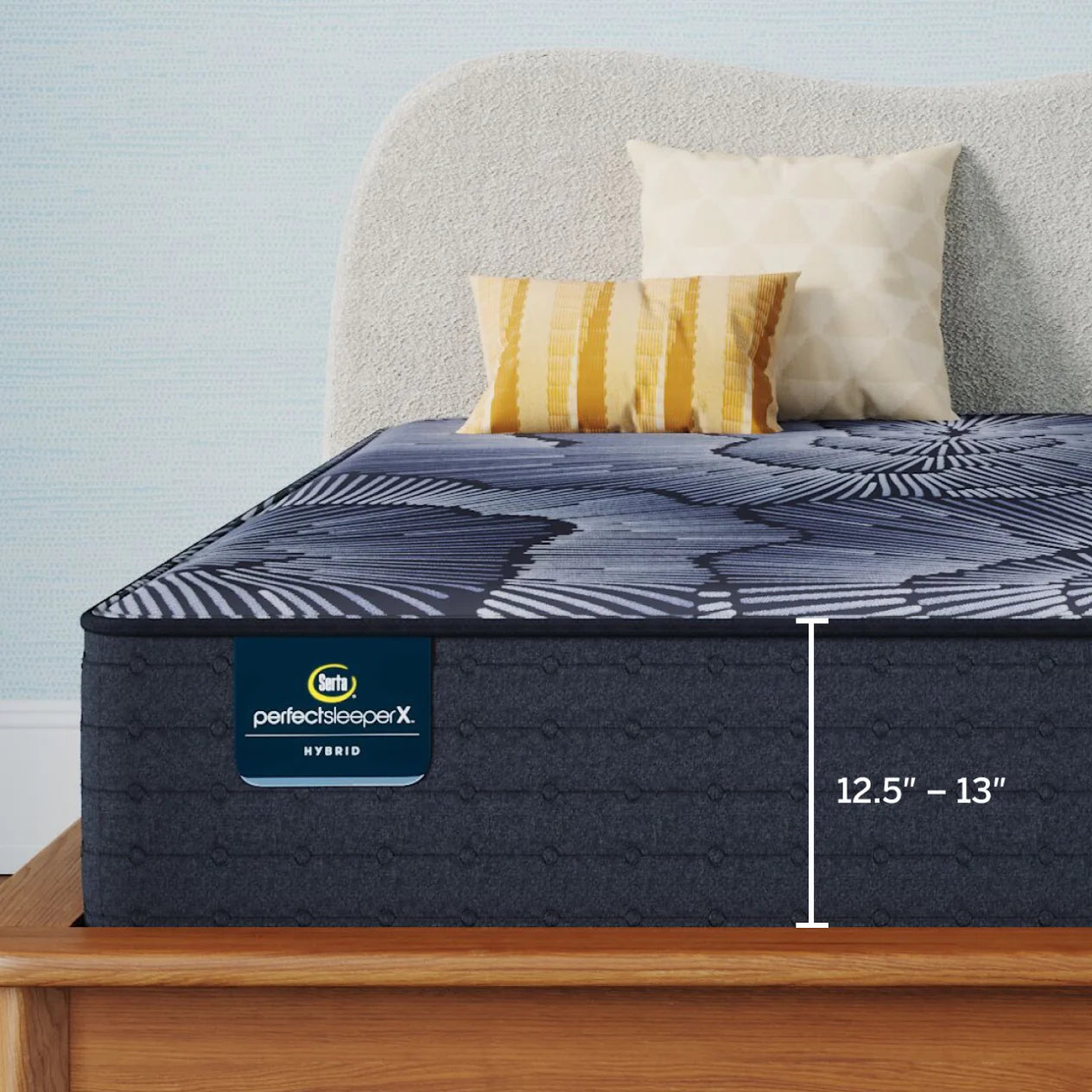 Close up of the Perfect Sleeper X mattress with graphic overlay that showcases the mattress height can be between 12.5 inches and 13 inches based on your customizations