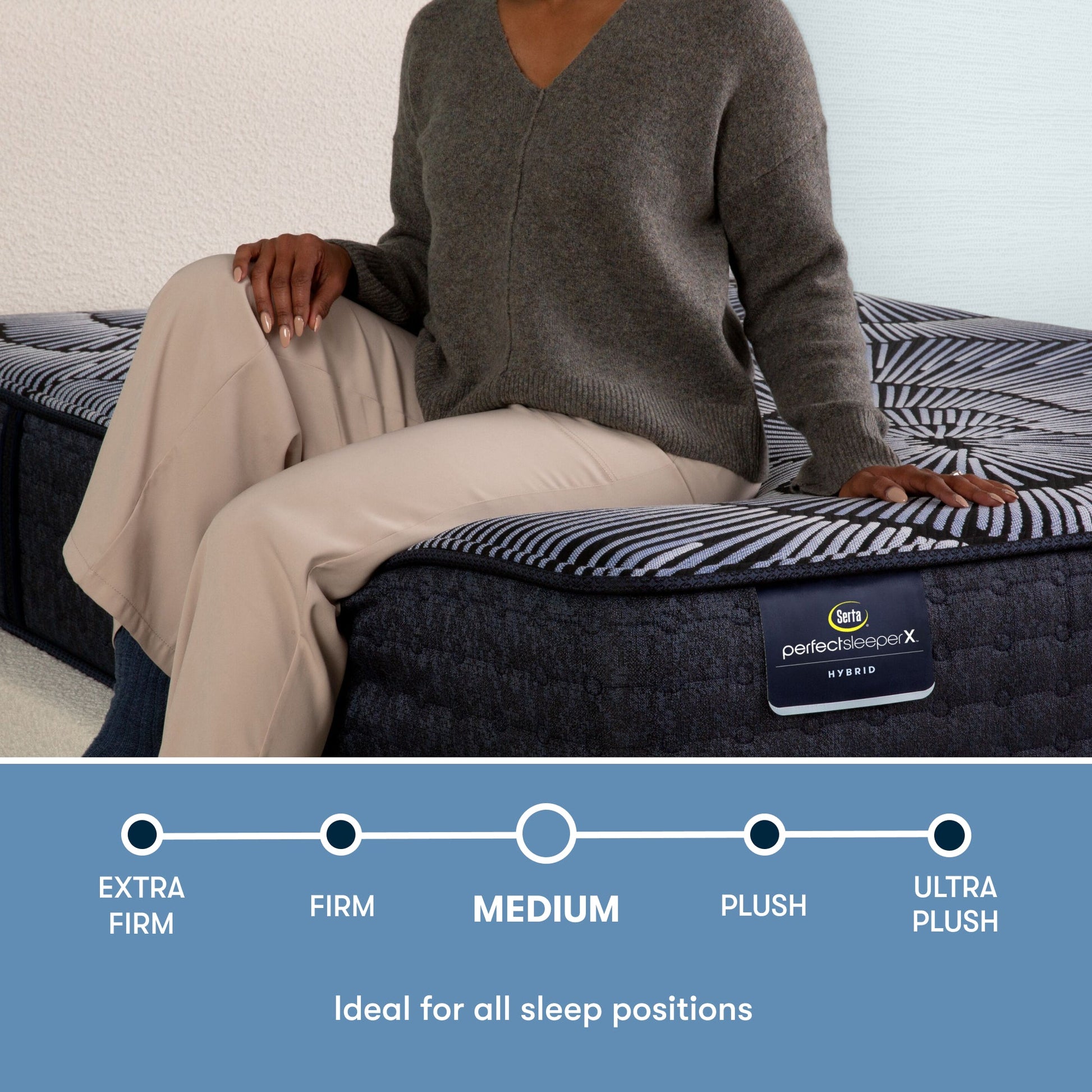 Perfect Sleeper X Hybrid Kendall Medium comfort scale with a woman sitting on the left side of the mattress || feel: medium || level: Level 1