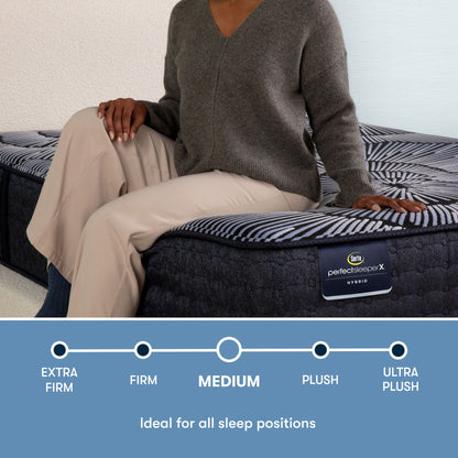 Perfect Sleeper X Hybrid Kendall Medium comfort scale with a woman sitting on the left side of the mattress || feel: medium || level: Level 1
