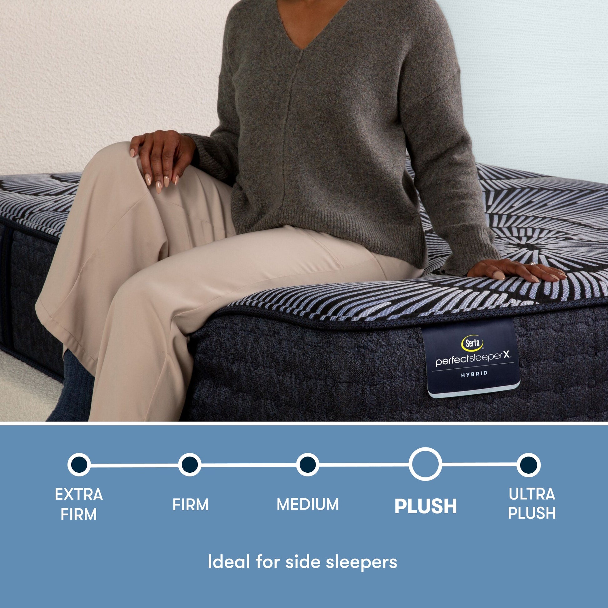 Perfect Sleeper X Hybrid Kendall Plush comfort scale with a woman sitting on the left side of the mattress || feel: Plush || level: Level 1