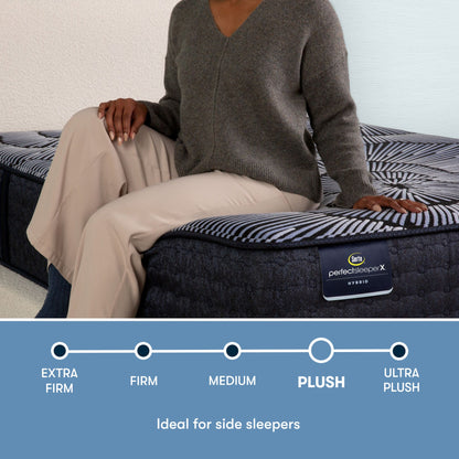 Perfect Sleeper X Hybrid Kendall Plush comfort scale with a woman sitting on the left side of the mattress || feel: Plush || level: Level 1