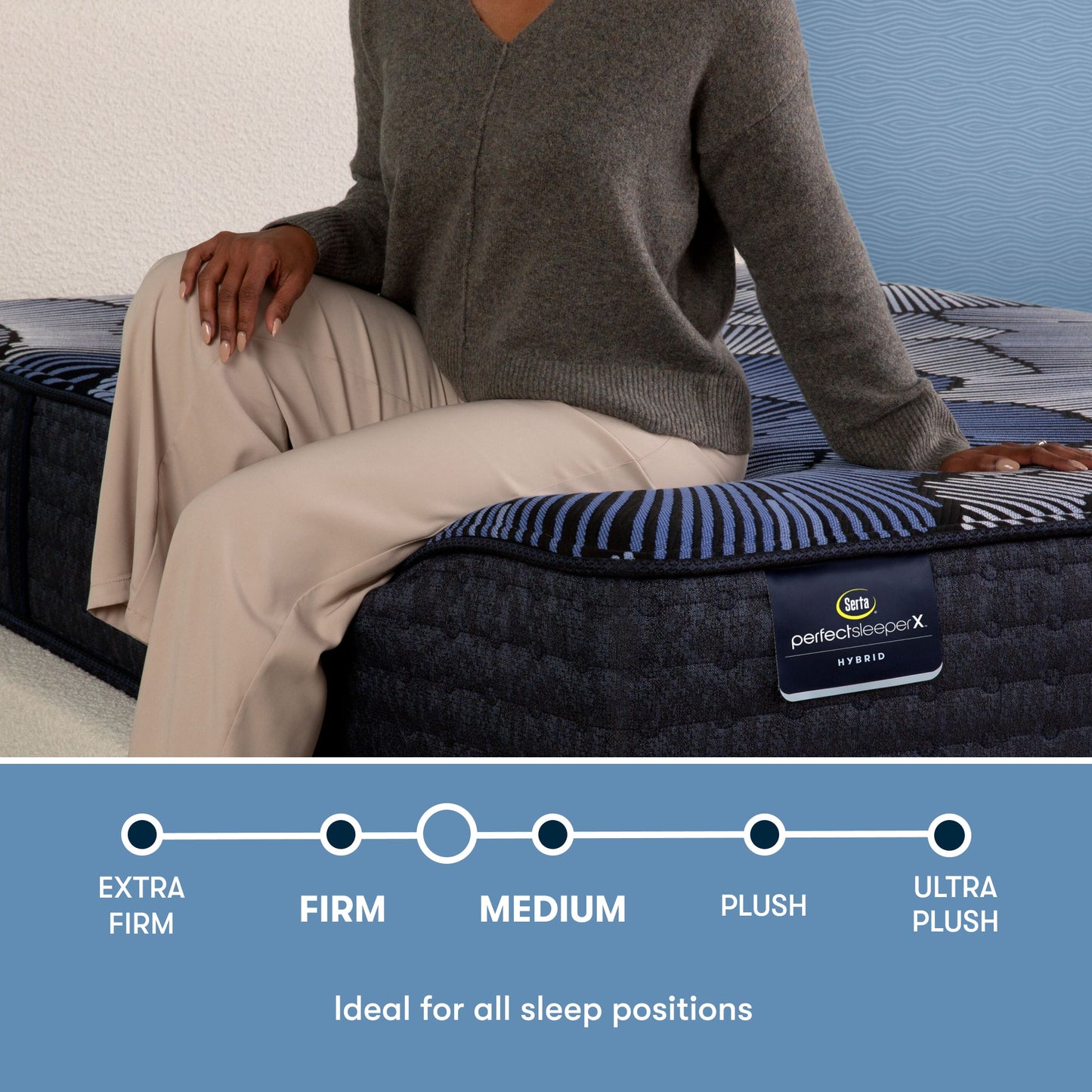 Perfect Sleeper X Hybrid Prescot Medium Firm comfort scale with a woman sitting on the left side of the mattress || feel: Medium Firm || level: Level 2