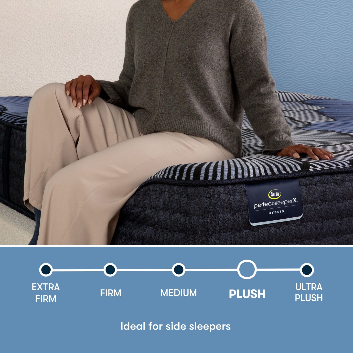 Perfect Sleeper X Hybrid Prescot Plush comfort scale with a woman sitting on the left side of the mattress || feel: Plush || level: Level 2