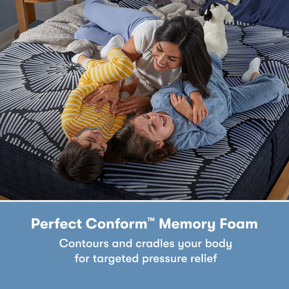 Family of 3 laying on a Perfect Sleeper X Hybrid Kendall Medium Mattress || feel: medium || level: Level 1
