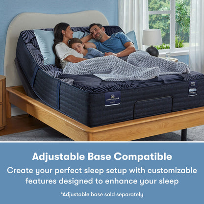 Family of 3 sitting on a Perfect Sleeper X Hybrid Prescot Plush Mattress sitting in the an adjustable base frame || feel: Plush || level: Level 2