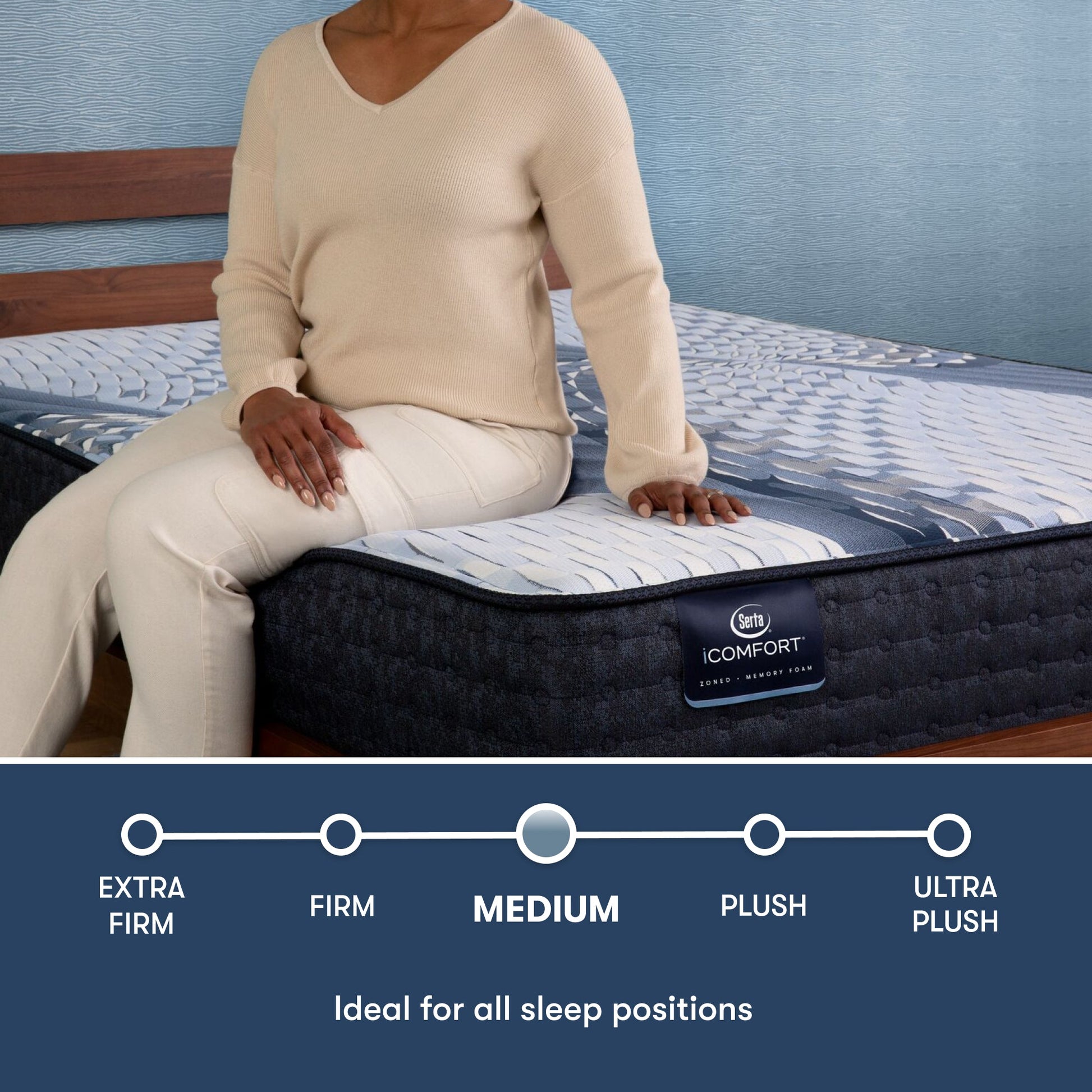 Woman sitting on the side of an iComfort Aveda Medium Mattress || feel: medium || level: Standard - 12"