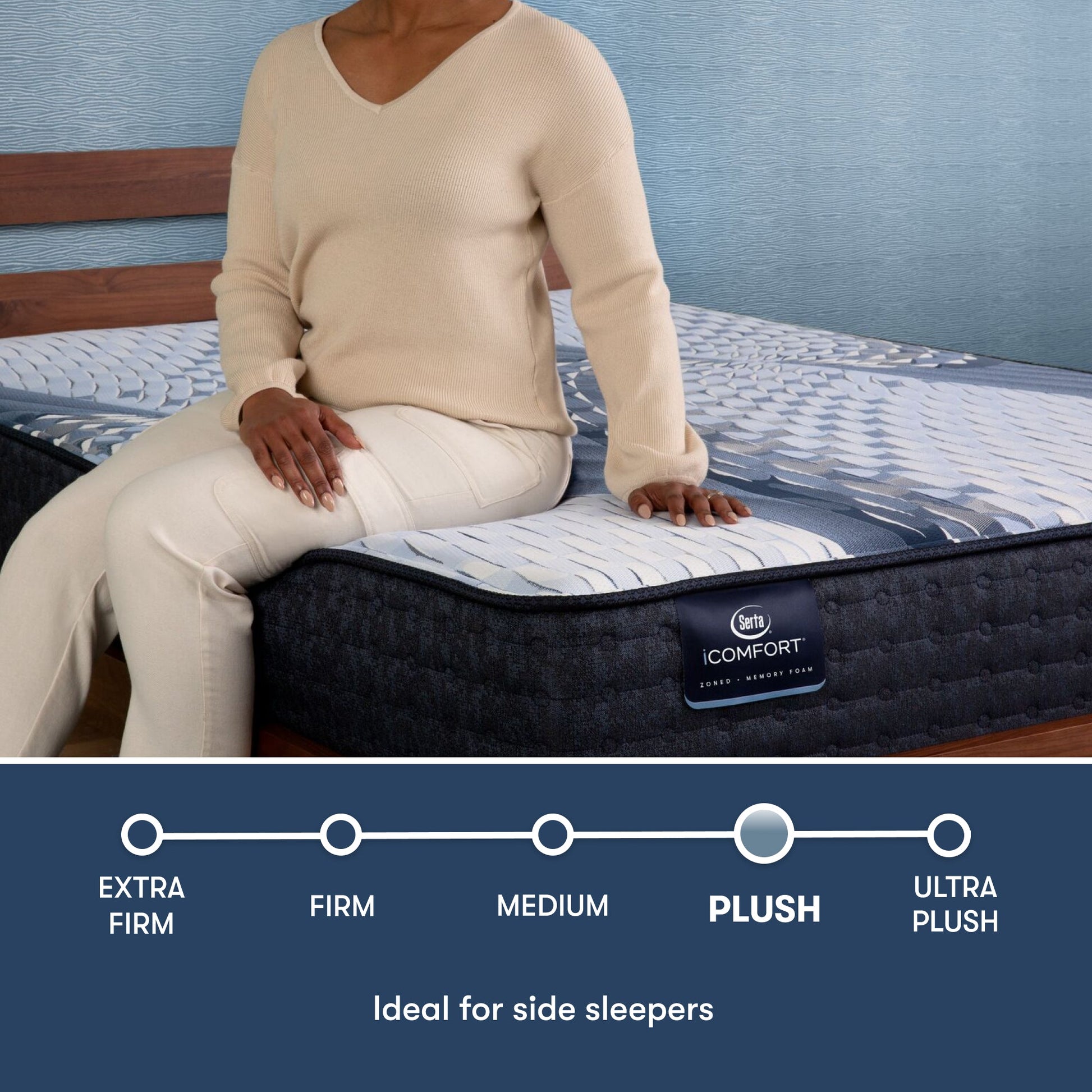 Woman sitting on the side of an iComfort Iona Plush Mattress || feel: plush || level: Standard - 13"