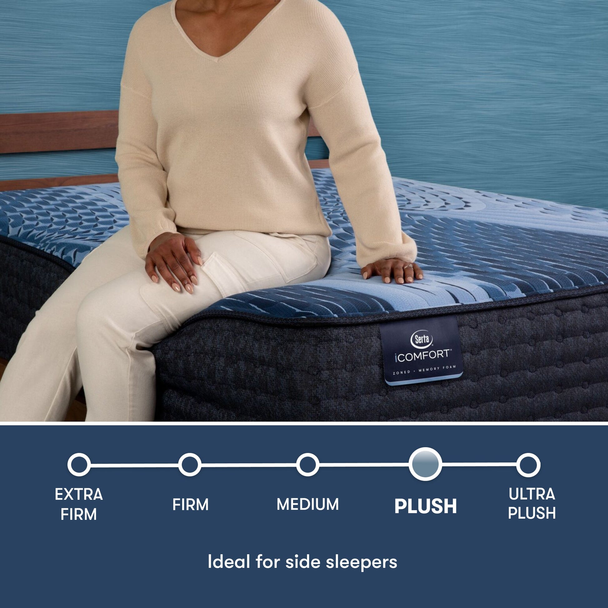 Woman sitting on the side of an iComfort Aspire Plush Mattress || feel: plush || level: Enhanced - 14"