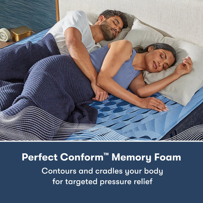 Man and woman laying on a Serta iComfort mattress on their right side || feel: plush || level: Enhanced - 14"
