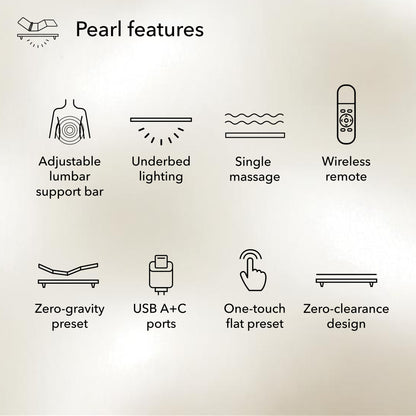 List of features for the Baselogic Pearl adjustable base with icons and text on a gradient background.