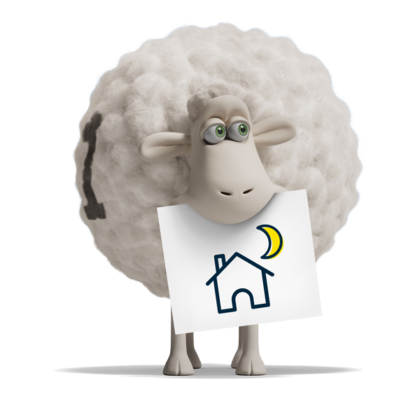 Serta sheep holding up a sign with a house and moon on it to indicate Serta's 120 night trial.