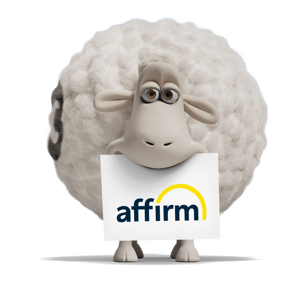 Serta sheep holding up a sign with the Affirm logo on it to indicate available monthly financing options through Affirm.