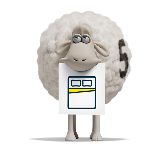 Serta sheep holding up a sign with a bed  on it to indicate Serta's white glove delivery.