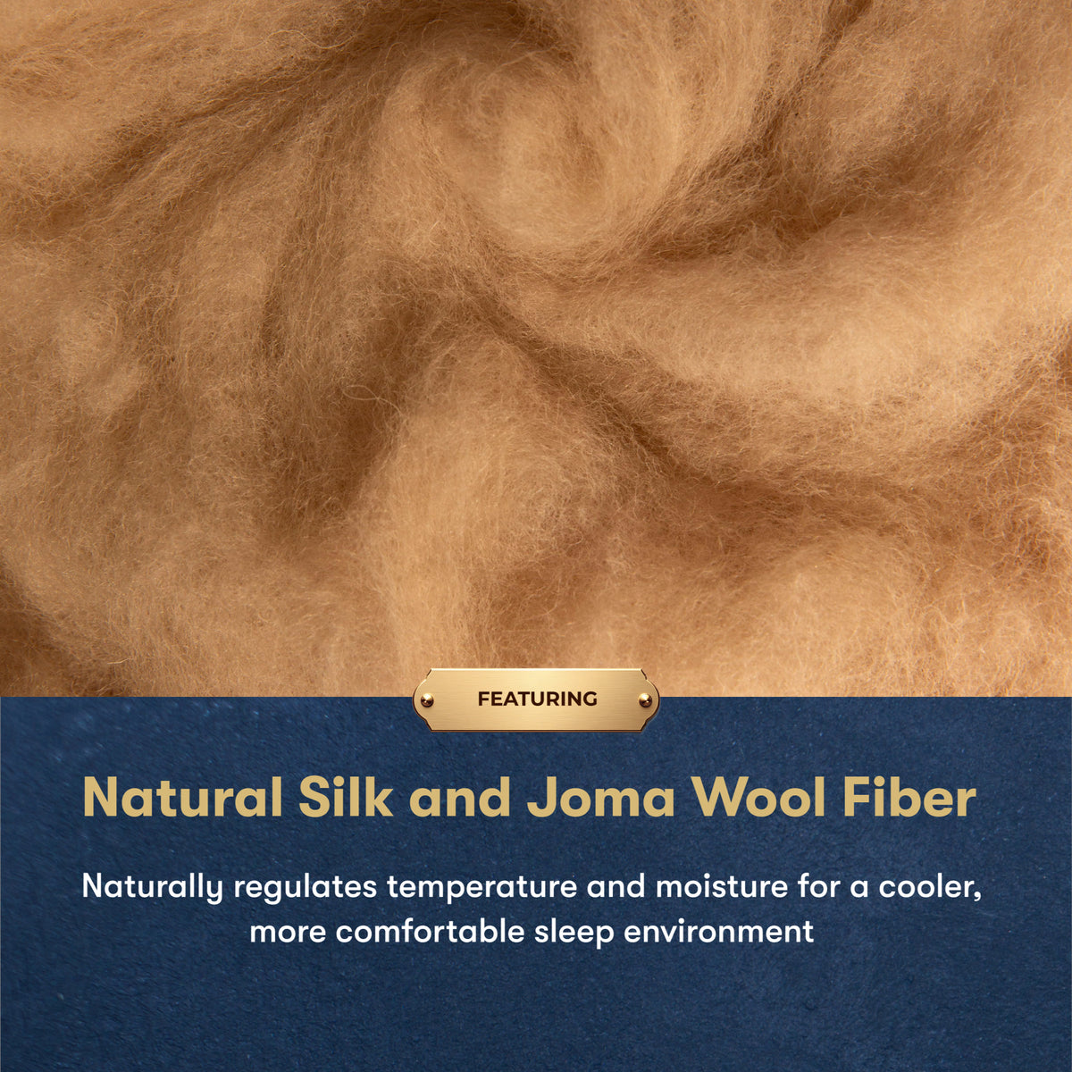 Close-up of fluffy natural silk and Joma wool fibers in warm tan and brown tones, with a dark blue banner at the bottom containing text about temperature and moisture regulation for sleep.