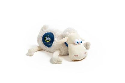 White Serta Plush sheep toy with a visible brand label on a white background