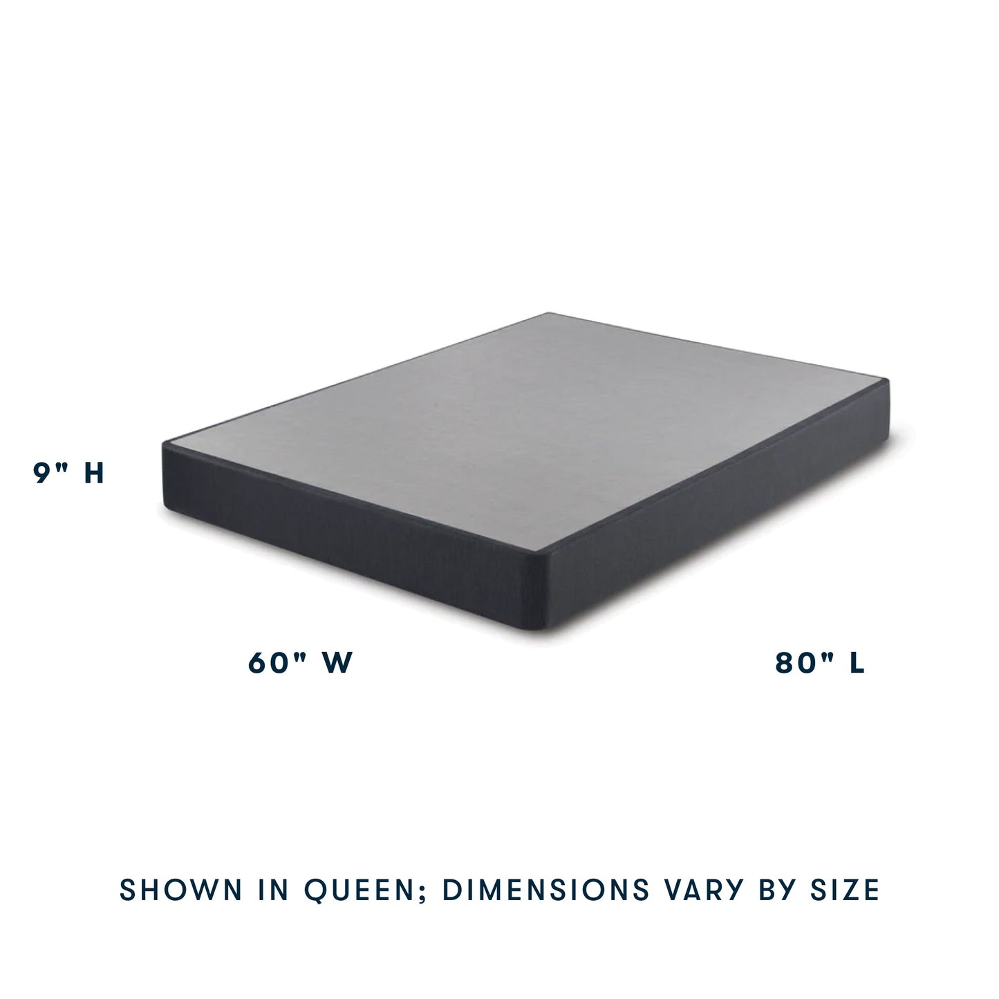 Serta Foundation shown as a queen size at an angle showing 9" in Height, 60" Width and 80" in Length || level: standard