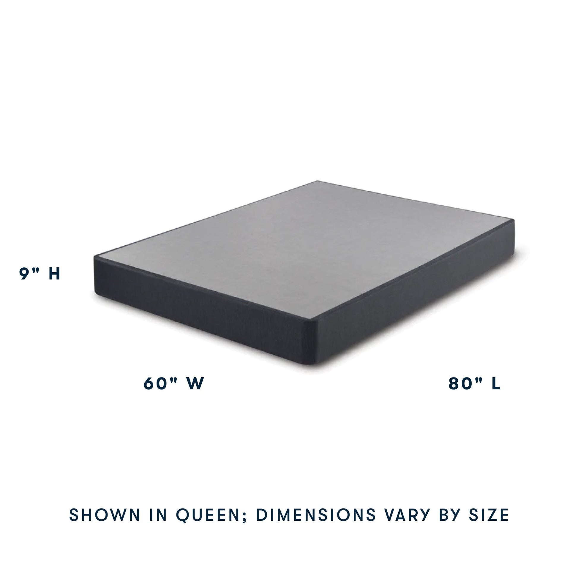 Serta Foundation shown as a queen size at an angle showing 9" in Height, 60" Width and 80" in Length || level: standard